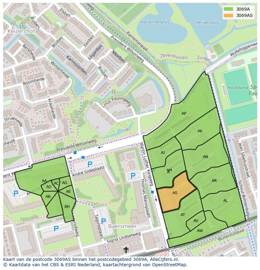 Afbeelding van het postcodegebied 3069 AS op de kaart.