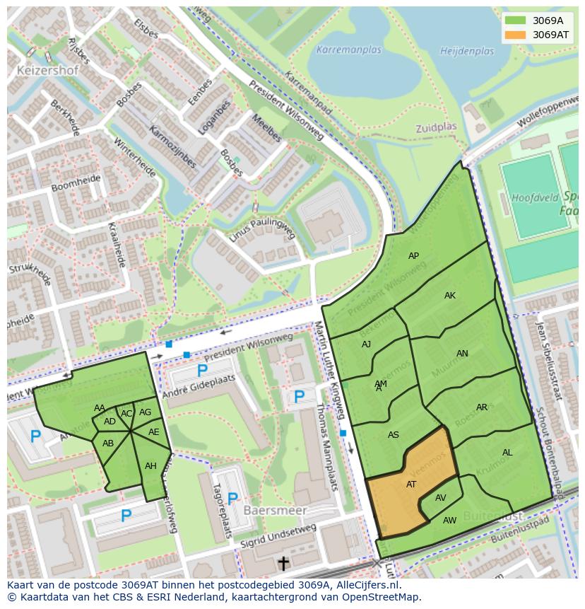 Afbeelding van het postcodegebied 3069 AT op de kaart.
