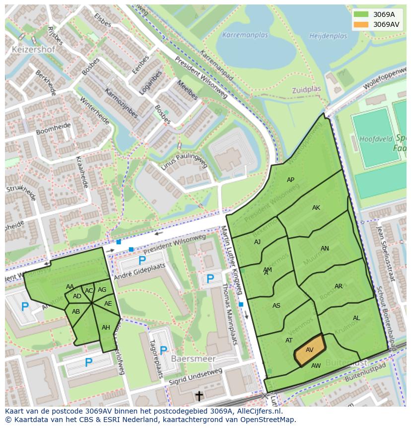 Afbeelding van het postcodegebied 3069 AV op de kaart.