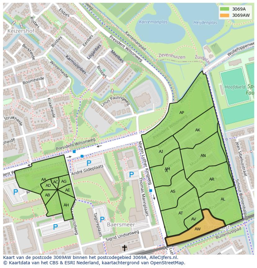 Afbeelding van het postcodegebied 3069 AW op de kaart.