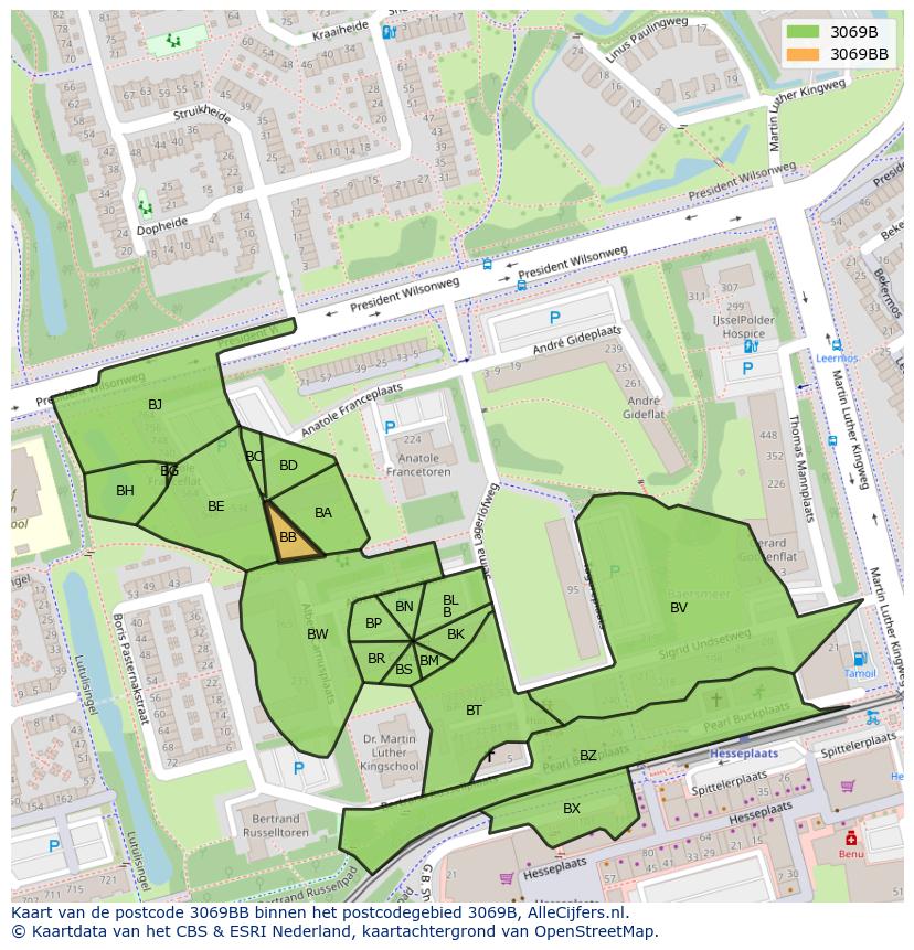 Afbeelding van het postcodegebied 3069 BB op de kaart.