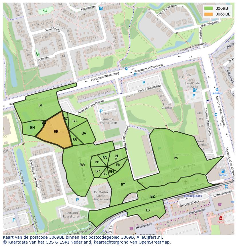 Afbeelding van het postcodegebied 3069 BE op de kaart.