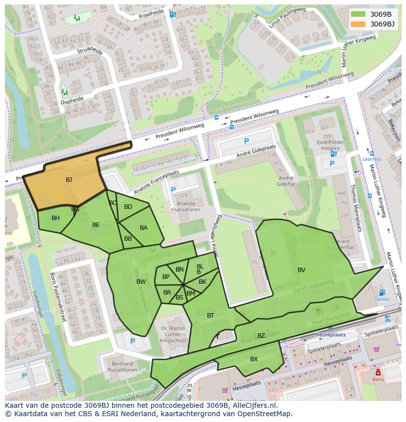 Afbeelding van het postcodegebied 3069 BJ op de kaart.