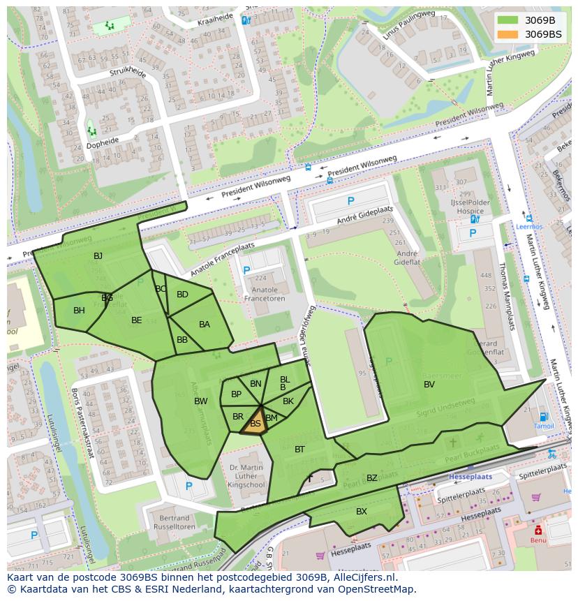 Afbeelding van het postcodegebied 3069 BS op de kaart.