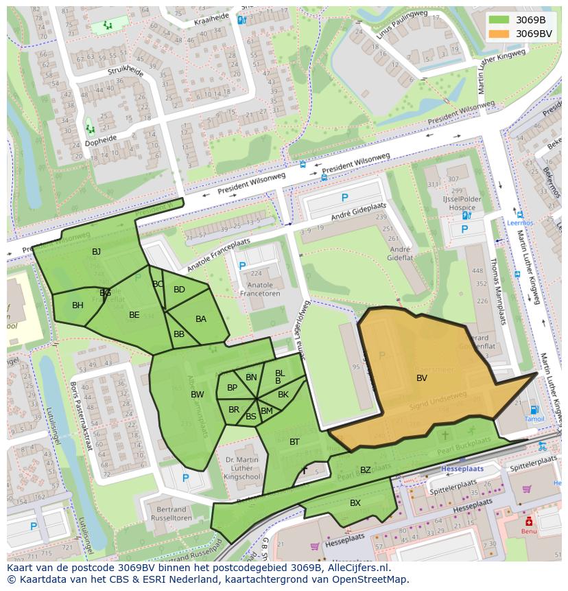 Afbeelding van het postcodegebied 3069 BV op de kaart.