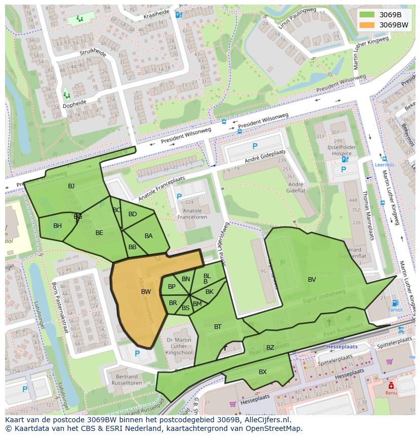 Afbeelding van het postcodegebied 3069 BW op de kaart.