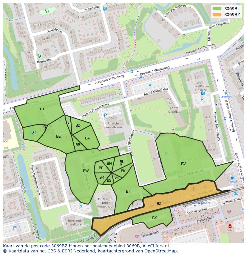 Afbeelding van het postcodegebied 3069 BZ op de kaart.