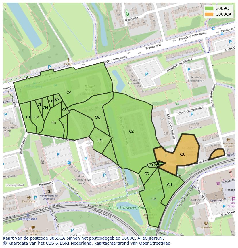 Afbeelding van het postcodegebied 3069 CA op de kaart.