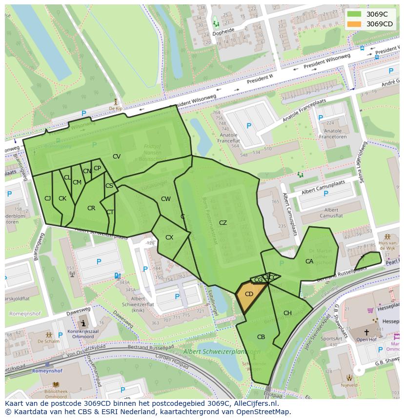 Afbeelding van het postcodegebied 3069 CD op de kaart.