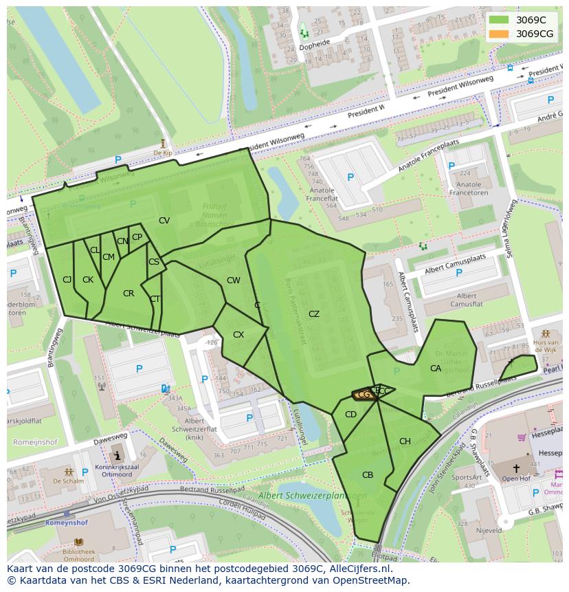 Afbeelding van het postcodegebied 3069 CG op de kaart.