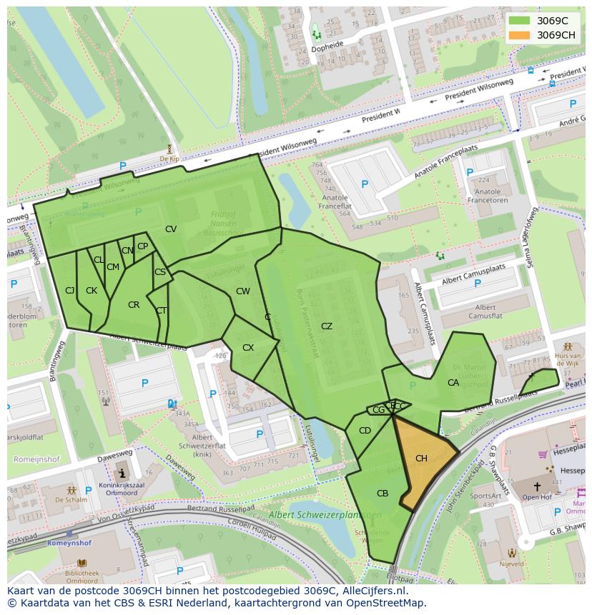 Afbeelding van het postcodegebied 3069 CH op de kaart.