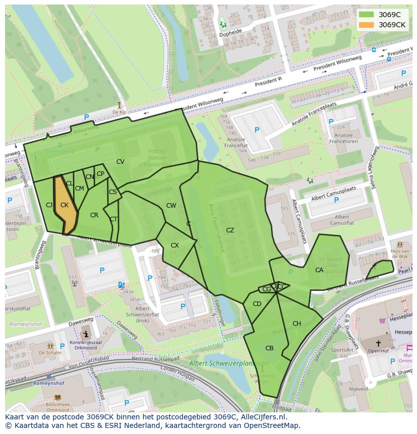 Afbeelding van het postcodegebied 3069 CK op de kaart.
