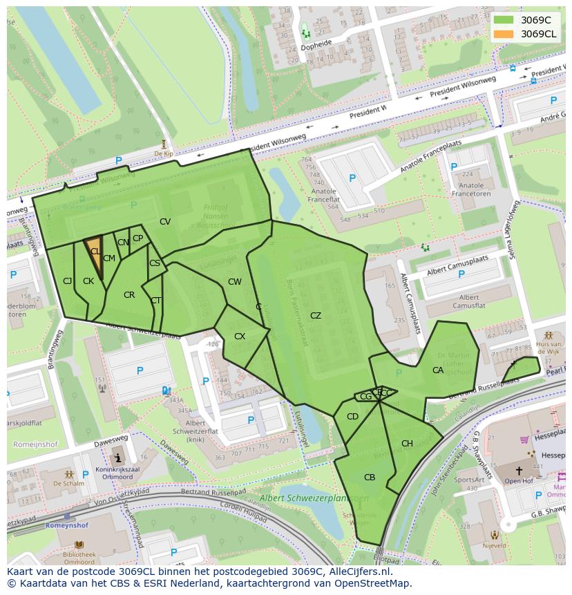 Afbeelding van het postcodegebied 3069 CL op de kaart.