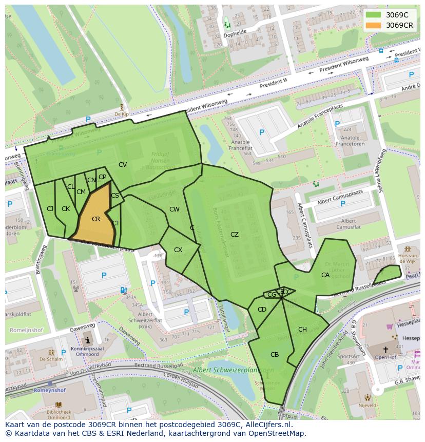 Afbeelding van het postcodegebied 3069 CR op de kaart.