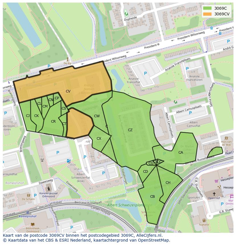 Afbeelding van het postcodegebied 3069 CV op de kaart.