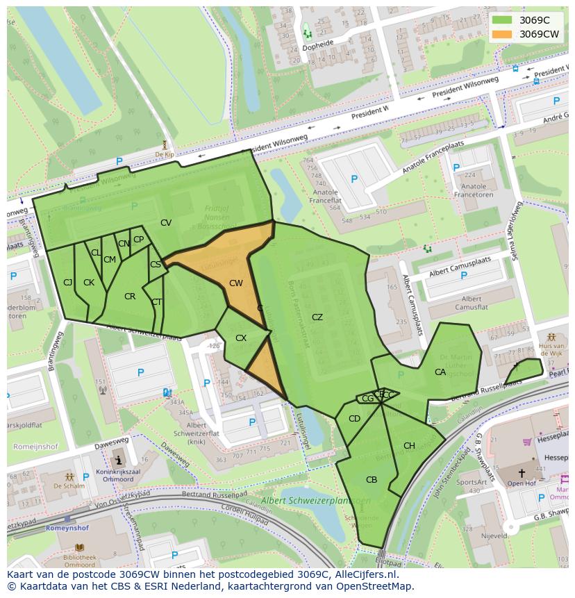 Afbeelding van het postcodegebied 3069 CW op de kaart.