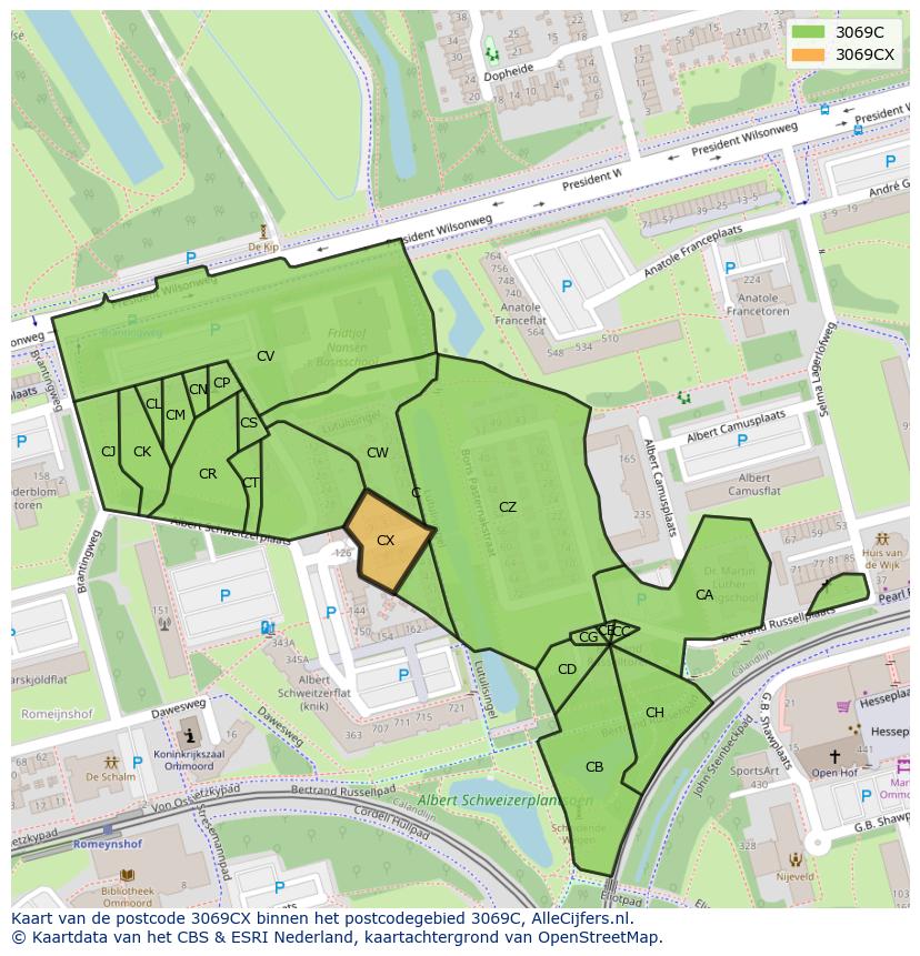 Afbeelding van het postcodegebied 3069 CX op de kaart.