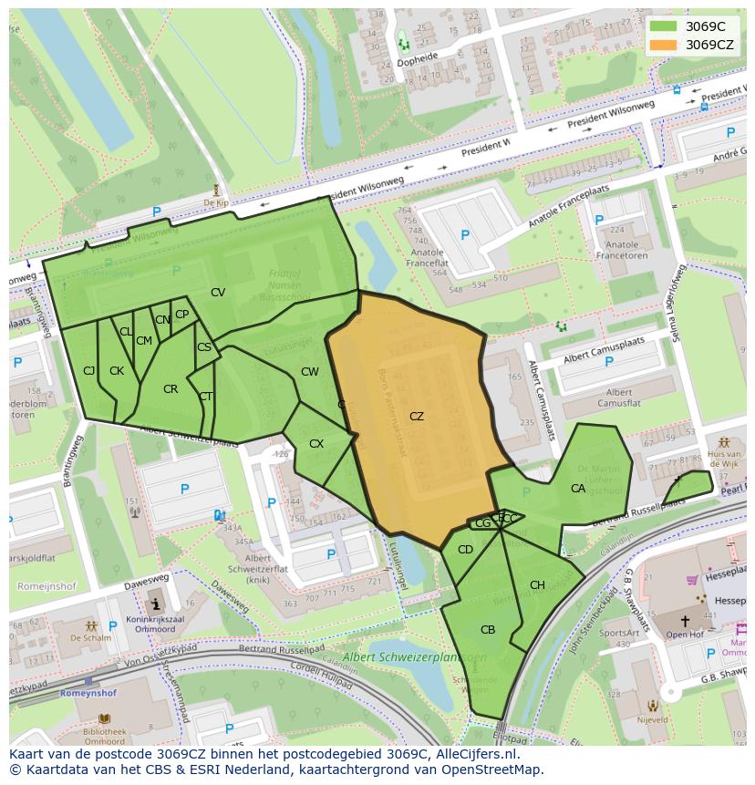 Afbeelding van het postcodegebied 3069 CZ op de kaart.