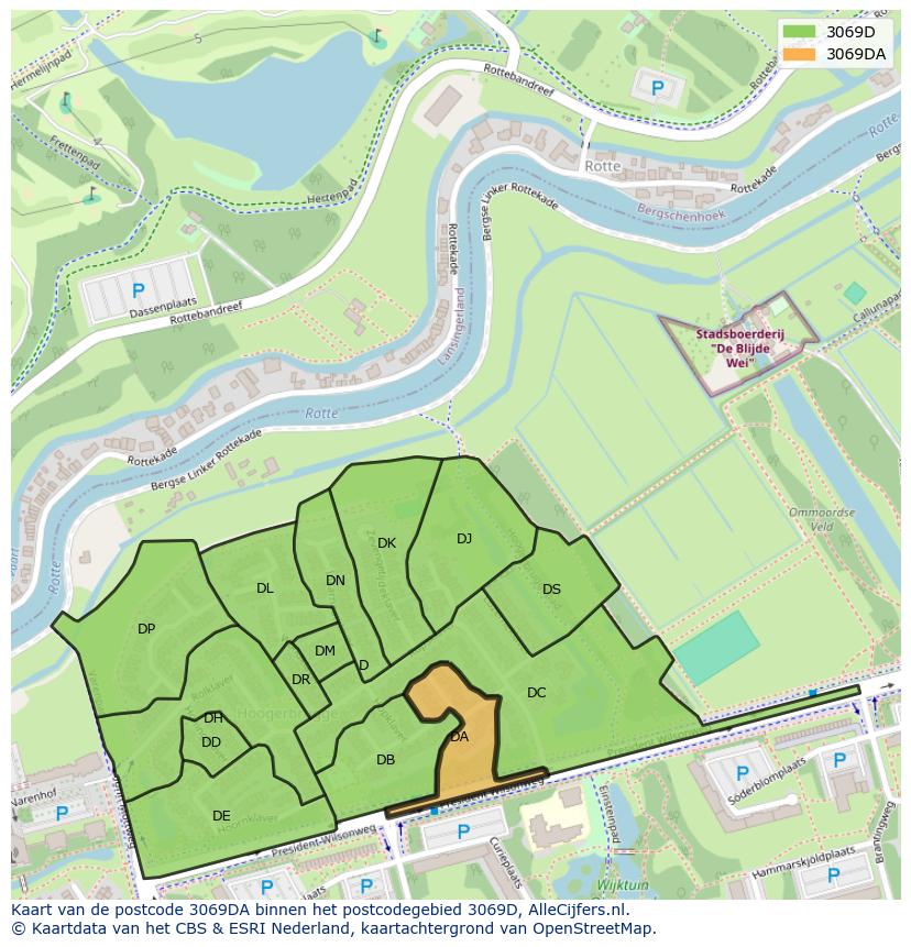 Afbeelding van het postcodegebied 3069 DA op de kaart.