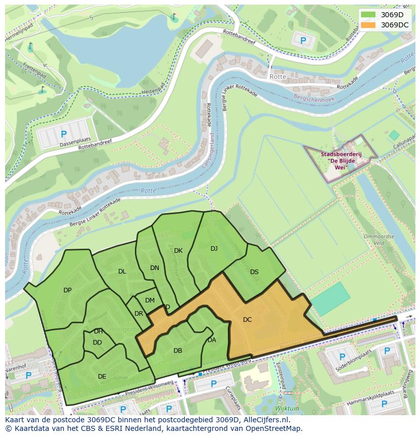 Afbeelding van het postcodegebied 3069 DC op de kaart.