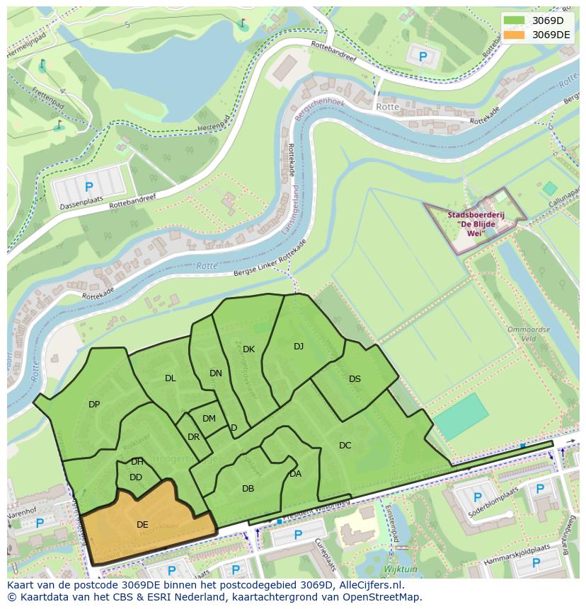 Afbeelding van het postcodegebied 3069 DE op de kaart.