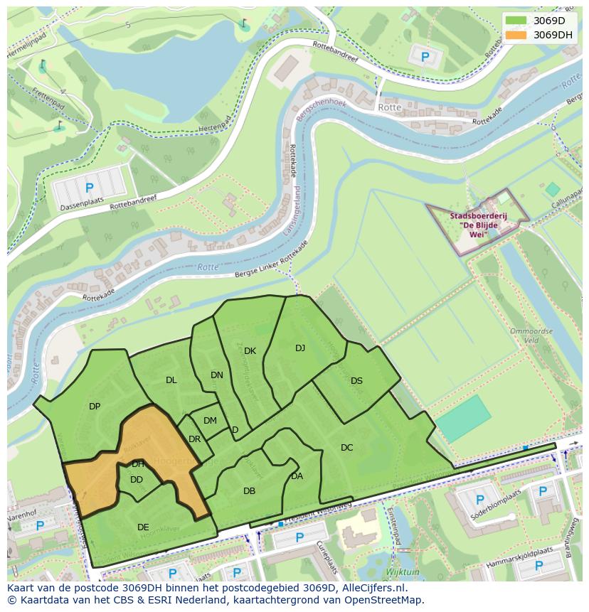 Afbeelding van het postcodegebied 3069 DH op de kaart.
