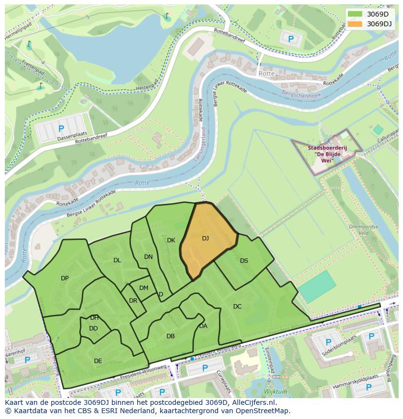 Afbeelding van het postcodegebied 3069 DJ op de kaart.