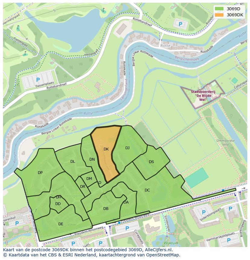 Afbeelding van het postcodegebied 3069 DK op de kaart.