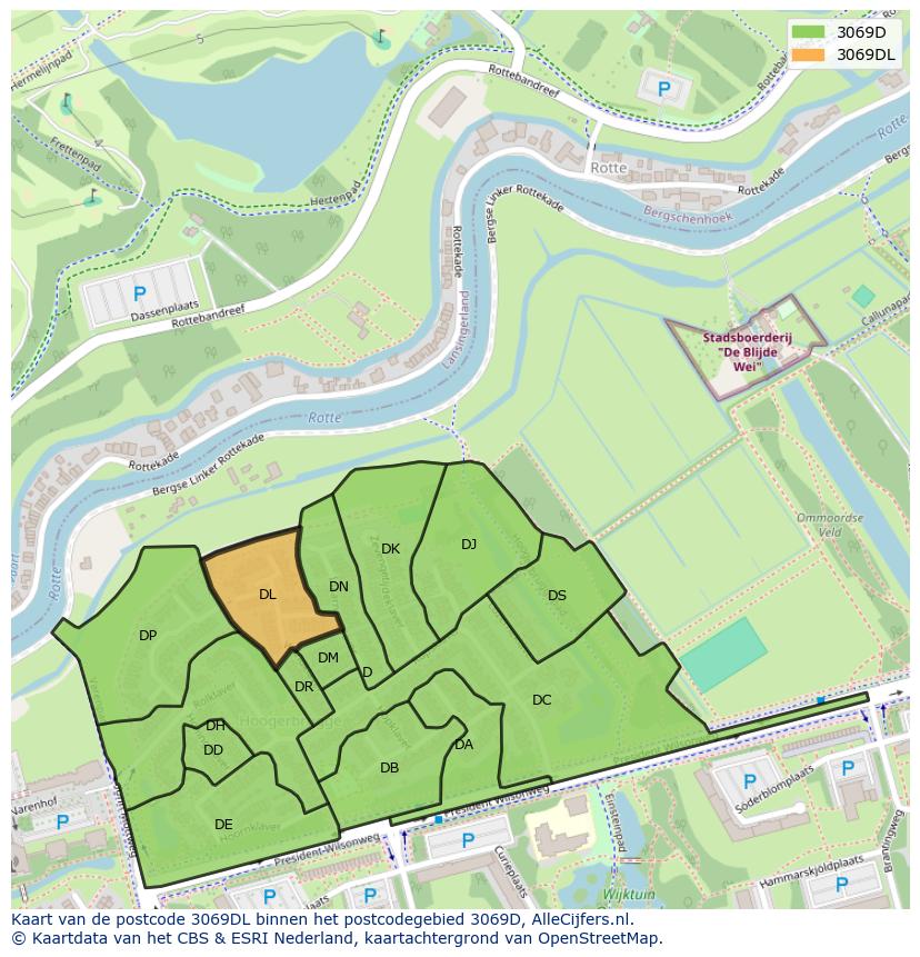 Afbeelding van het postcodegebied 3069 DL op de kaart.