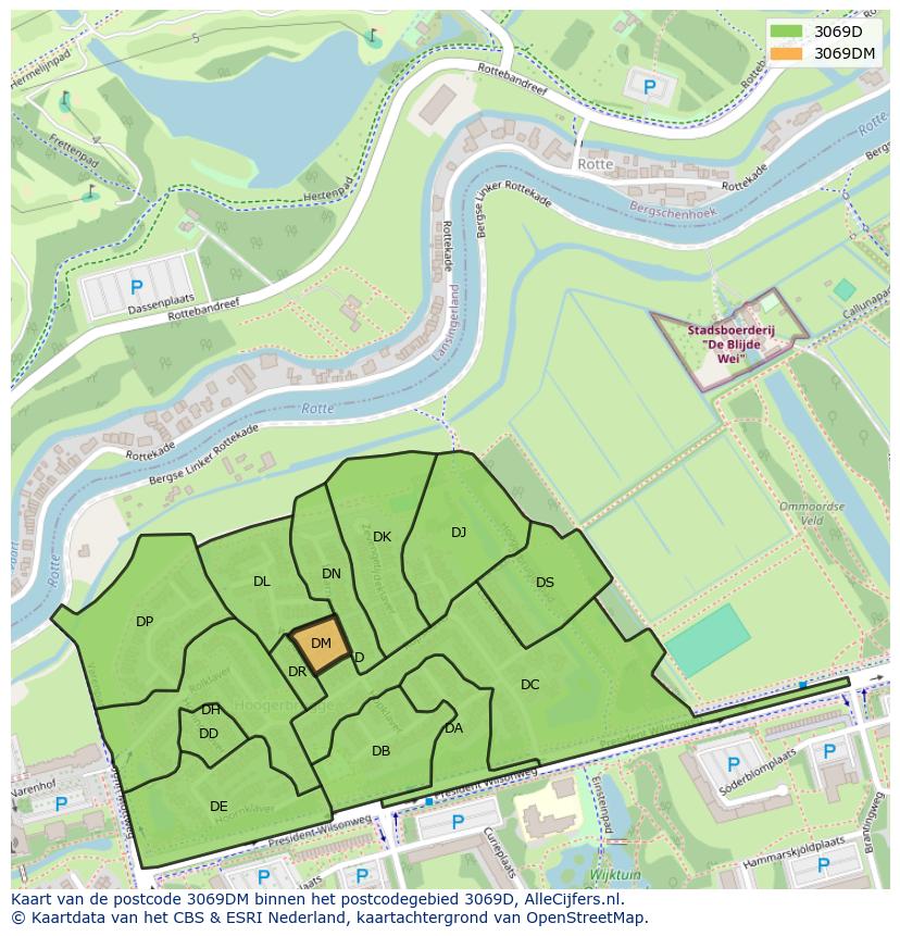 Afbeelding van het postcodegebied 3069 DM op de kaart.