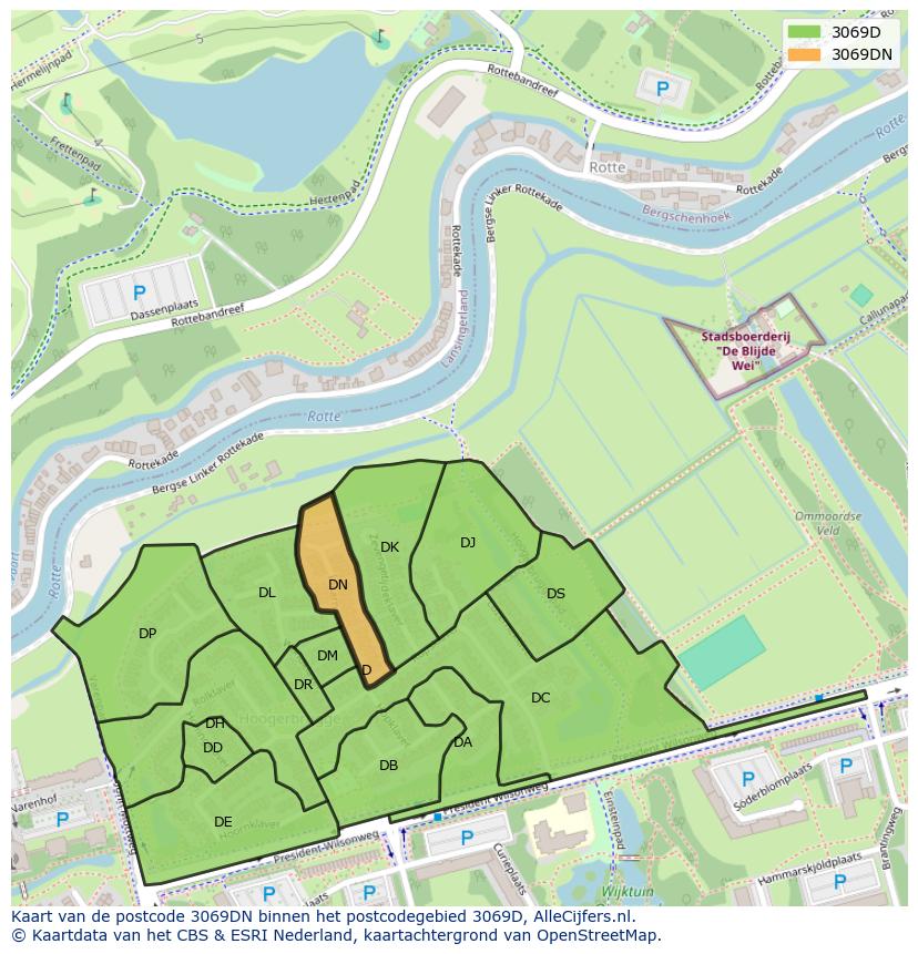 Afbeelding van het postcodegebied 3069 DN op de kaart.