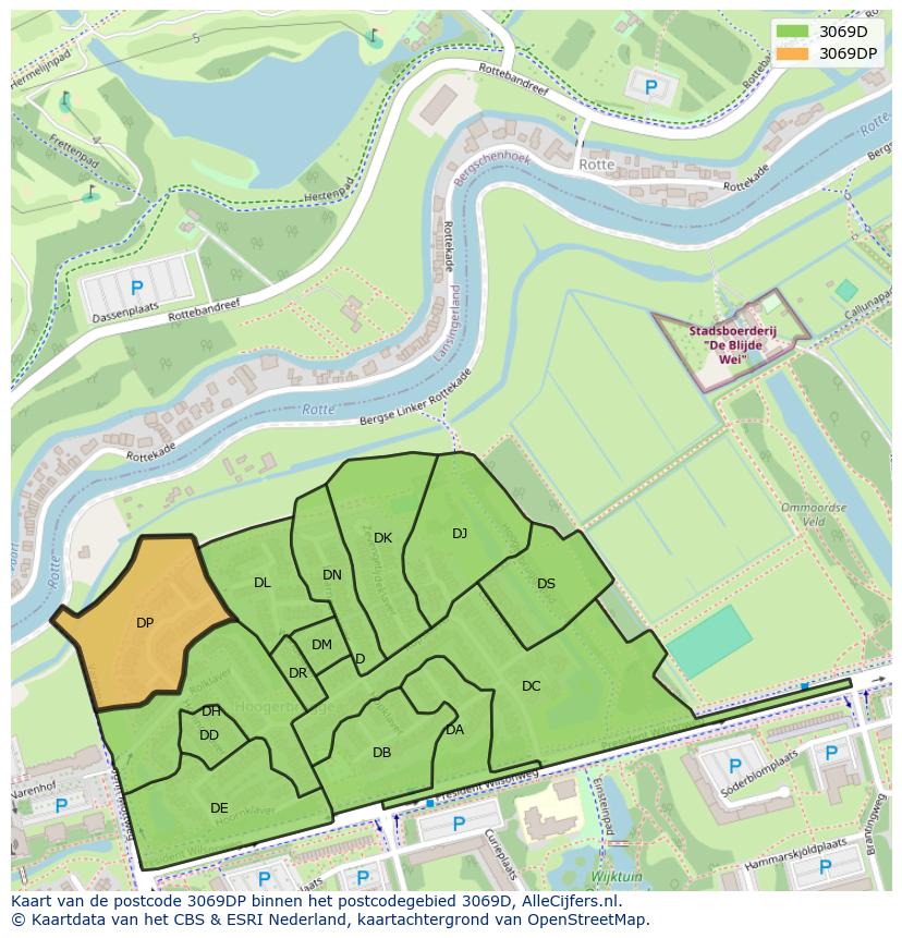 Afbeelding van het postcodegebied 3069 DP op de kaart.