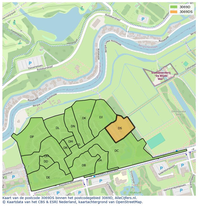 Afbeelding van het postcodegebied 3069 DS op de kaart.