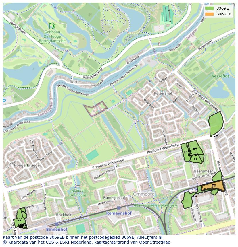 Afbeelding van het postcodegebied 3069 EB op de kaart.