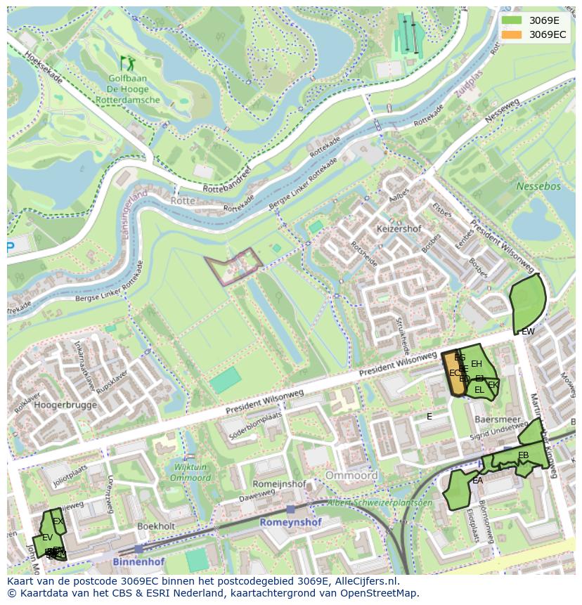 Afbeelding van het postcodegebied 3069 EC op de kaart.