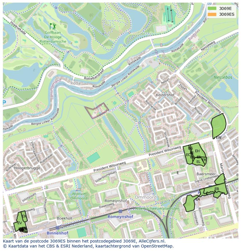 Afbeelding van het postcodegebied 3069 ES op de kaart.