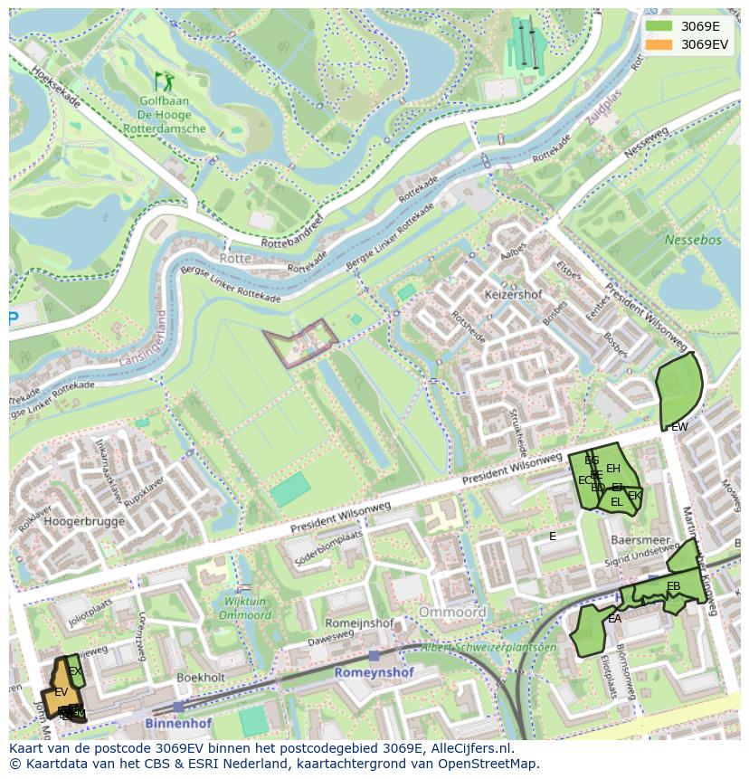 Afbeelding van het postcodegebied 3069 EV op de kaart.