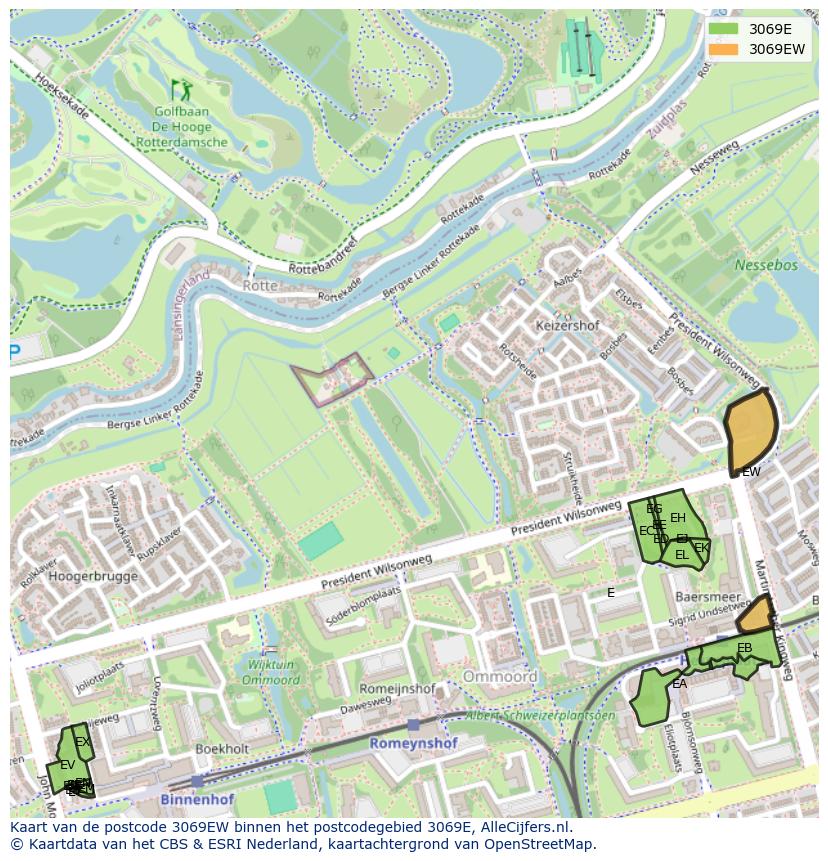 Afbeelding van het postcodegebied 3069 EW op de kaart.
