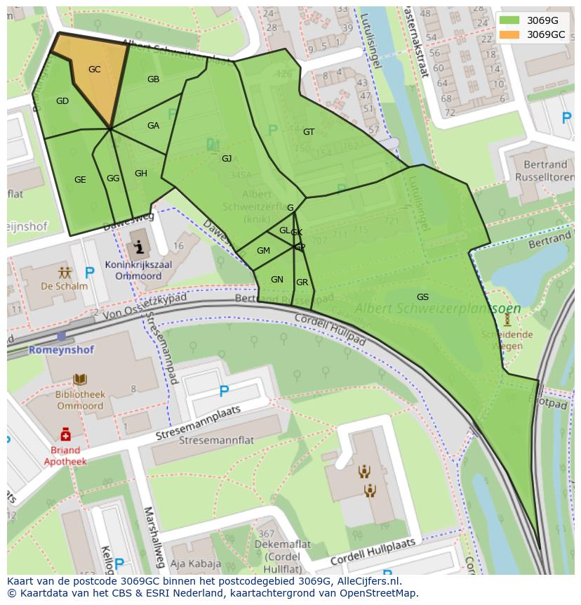 Afbeelding van het postcodegebied 3069 GC op de kaart.