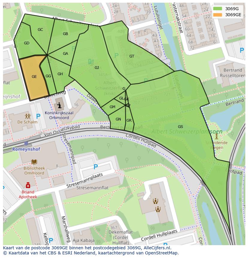 Afbeelding van het postcodegebied 3069 GE op de kaart.