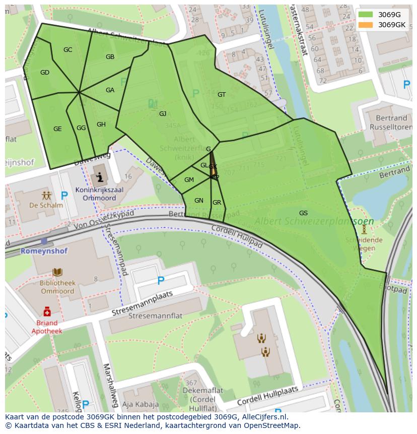 Afbeelding van het postcodegebied 3069 GK op de kaart.