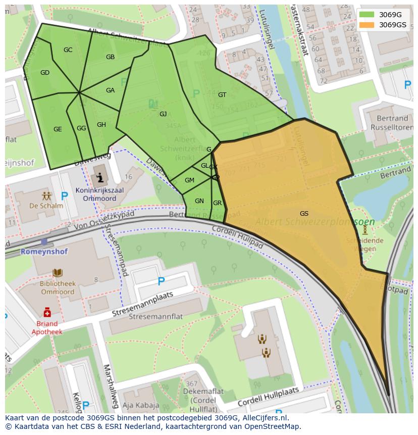 Afbeelding van het postcodegebied 3069 GS op de kaart.