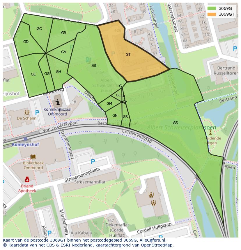 Afbeelding van het postcodegebied 3069 GT op de kaart.