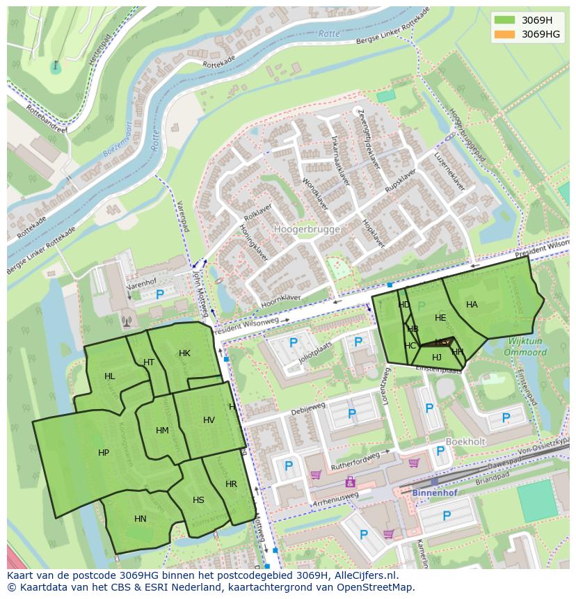 Afbeelding van het postcodegebied 3069 HG op de kaart.