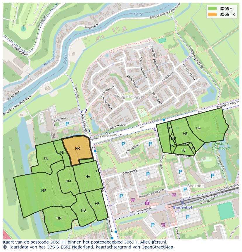 Afbeelding van het postcodegebied 3069 HK op de kaart.