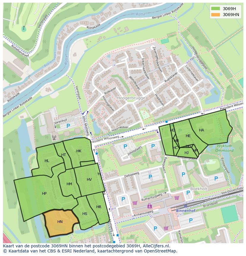 Afbeelding van het postcodegebied 3069 HN op de kaart.