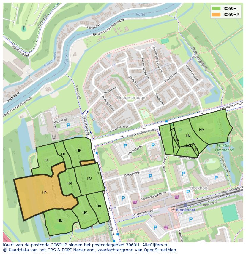Afbeelding van het postcodegebied 3069 HP op de kaart.