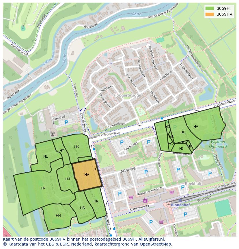 Afbeelding van het postcodegebied 3069 HV op de kaart.