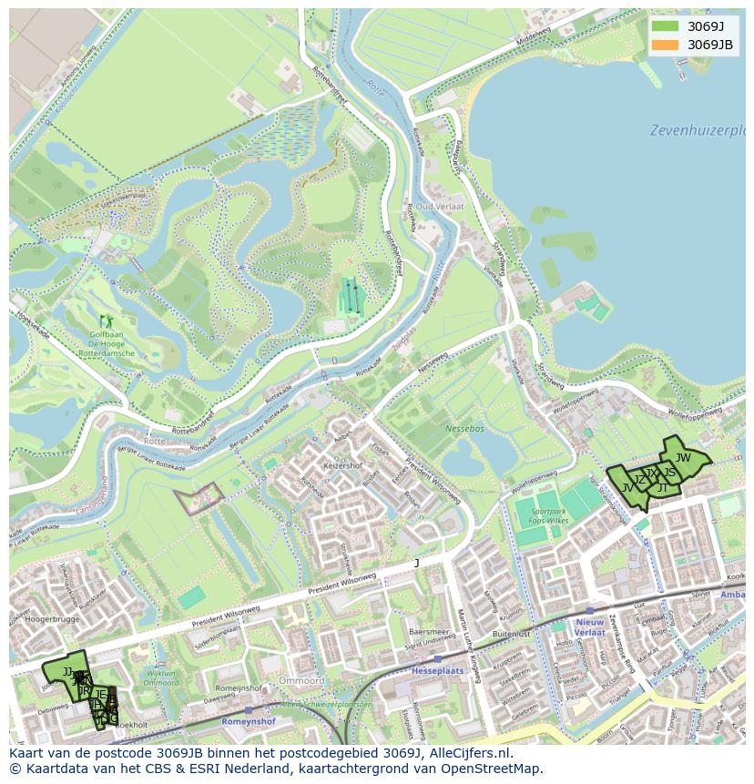 Afbeelding van het postcodegebied 3069 JB op de kaart.