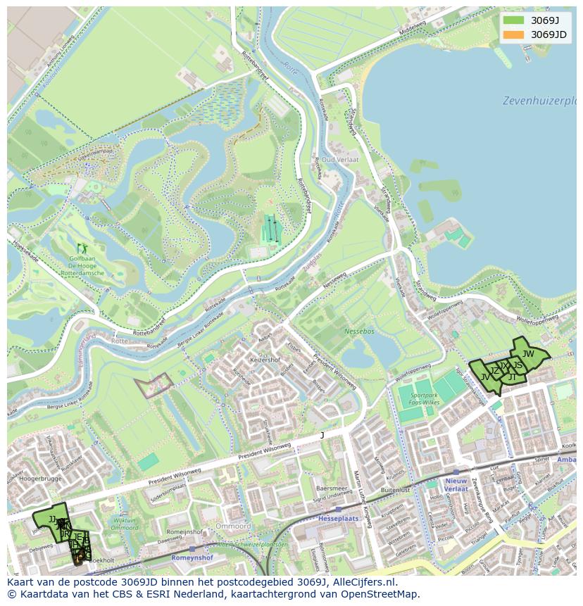 Afbeelding van het postcodegebied 3069 JD op de kaart.